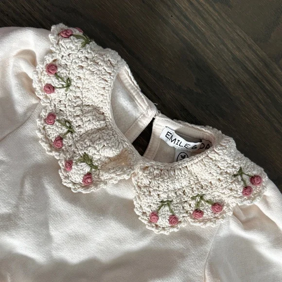 Emile et Ida Baby Cream Embroidered Cherry Collar Sweatshirt | 6M - Picture 5 of 9